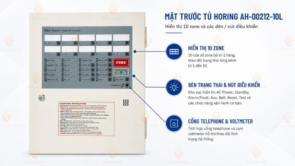 Mặt trước tủ trung tâm báo cháy 10 kênh Horing AH-00212-10L